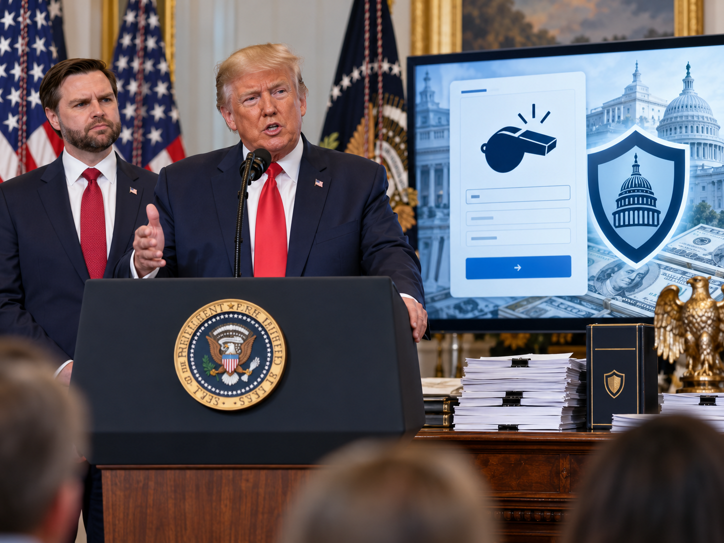 Trump anuncia un programa antifraude que contempla recompensas para denunciantes, en medio de crecientes acusaciones de corrupción contra su administración.